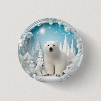 Bóton Redondo 2.54cm Urso Polar com Filhote Oceano Ártico Branco Invern