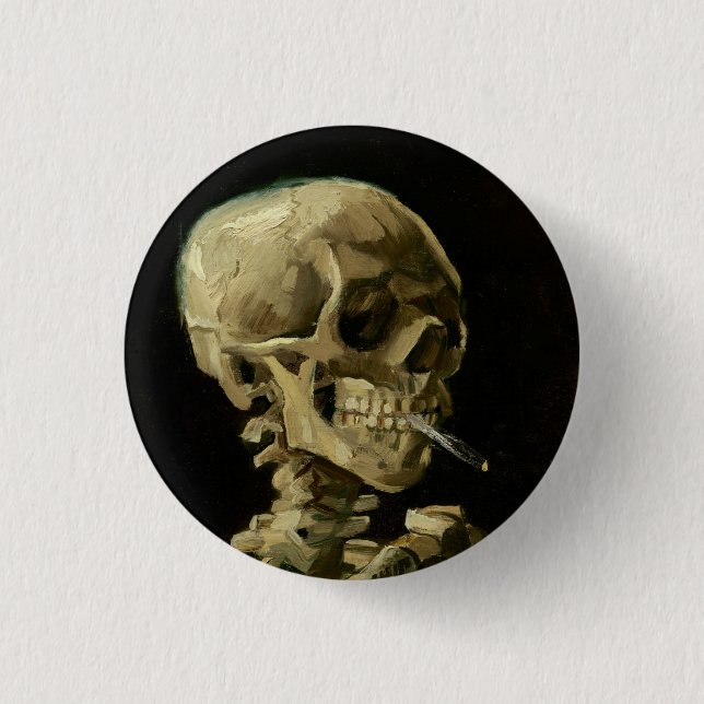 Bóton Redondo 2.54cm Vincent Van Gogh Skeleton com um cigarro em chamas (Frente)