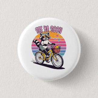 Bóton Redondo 2.54cm Vintage Raccoon Biking See Ya Soon Retro Sunset 