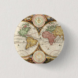 Bóton Redondo 2.54cm Vintage World Map Dois Hemisférios Raros Arte Anti