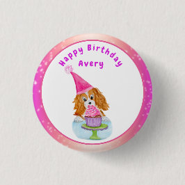 Bóton Redondo 2.54cm Watercolor Cavalier King Charles Cupcake Birthday