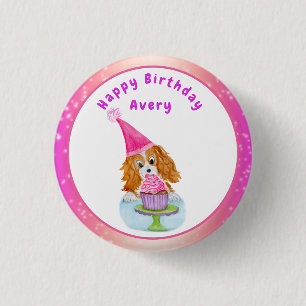 Bóton Redondo 2.54cm Watercolor Cavalier King Charles Cupcake Birthday