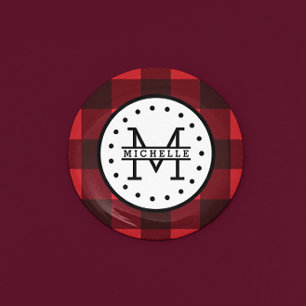 Bóton Redondo 2.54cm Xadrez Negra Vermelha Buffalo Lumberjack Nome Mono