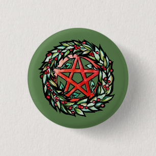 Bóton Redondo 2.54cm Yule Wreath Pentacle Pagan Pentagram Feriado