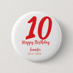 Bóton Redondo 5.08cm 10.º aniversário adicionar nome data ano vermelho