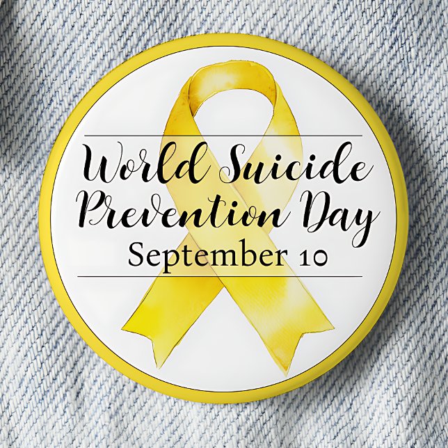 Bóton Redondo 5.08cm 10 de setembro Dia Mundial de Prevenção do Suicídi (World Suicide Prevention Day is September 10 pinback button.  Yellow awareness ribbon.)