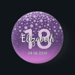 Bóton Redondo 5.08cm 18th birthday party diamonds glitter purple pink<br><div class="desc">An elegant, glamorous and girly 18th birthday party button. Purple and pink colored faux glitter with faux diamond sprinkle and a golden frame. Templates for a name, age 18 and a date. Date of birth or the date of the party/anniversary. White and pink colored letters. The name is written with...</div>