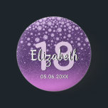 Bóton Redondo 5.08cm 18th birthday party diamonds glitter purple pink<br><div class="desc">An elegant, glamorous and girly 18th birthday party button. Purple and pink colored faux glitter with faux diamond sprinkle and a golden frame. Templates for a name, age 18 and a date. Date of birth or the date of the party/anniversary. White and pink colored letters. The name is written with...</div>