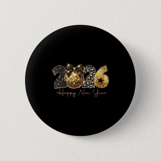 Bóton Redondo 5.08cm 2026 Happy New Year Gold Disco Leopard Bow Coquett (Frente)