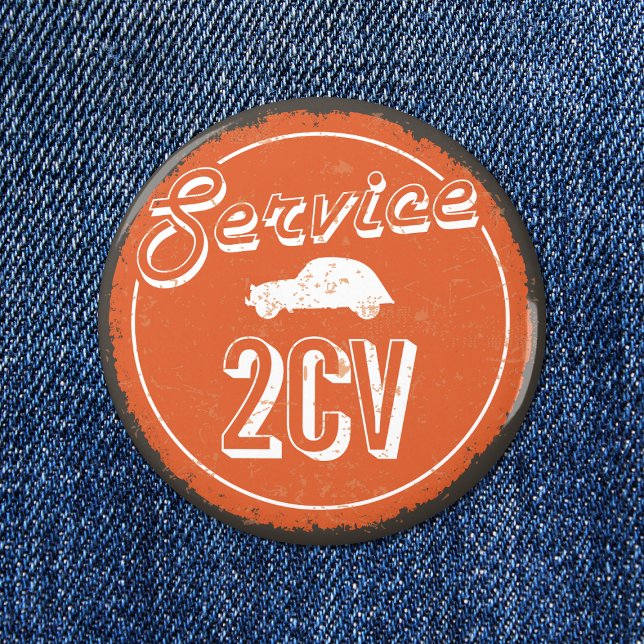 Bóton Redondo 5.08cm 2CV Serviço Vintage Orange Carshop Tipografia (2CV Button in Orange with a White Vintage Text and Deux Chevaux Illustration)