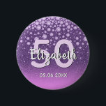 Bóton Redondo 5.08cm 50th birthday party diamonds glitter purple pink<br><div class="desc">An elegant, glamorous and girly 50th birthday party button. Purple and pink colored faux glitter with faux diamond sprinkle and a golden frame. Templates for a name, age 50 and a date. Date of birth or the date of the party/anniversary. White and pink colored letters. The name is written with...</div>