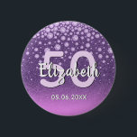 Bóton Redondo 5.08cm 50th birthday party diamonds glitter purple pink<br><div class="desc">An elegant, glamorous and girly 50th birthday party button. Purple and pink colored faux glitter with faux diamond sprinkle and a golden frame. Templates for a name, age 50 and a date. Date of birth or the date of the party/anniversary. White and pink colored letters. The name is written with...</div>