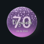Bóton Redondo 5.08cm 70th birthday party diamonds glitter purple pink<br><div class="desc">An elegant, glamorous and girly 70th birthday party button. Purple and pink colored faux glitter with faux diamond sprinkle and a golden frame. Templates for a name, age 70 and a date. Date of birth or the date of the party/anniversary. White and pink colored letters. The name is written with...</div>