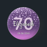 Bóton Redondo 5.08cm 70th birthday party diamonds glitter purple pink<br><div class="desc">An elegant, glamorous and girly 70th birthday party button. Purple and pink colored faux glitter with faux diamond sprinkle and a golden frame. Templates for a name, age 70 and a date. Date of birth or the date of the party/anniversary. White and pink colored letters. The name is written with...</div>