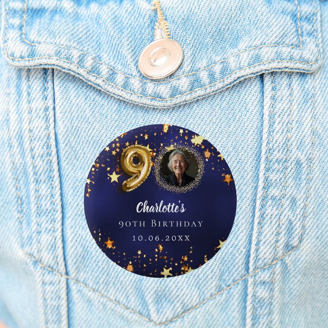 Bóton Redondo 5.08cm 90 aniversário marinho estrelas douradas azuis (Criador carregado)