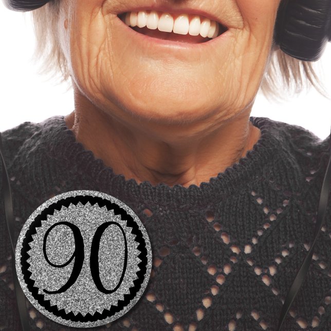 Bóton Redondo 5.08cm 90 Festa de aniversário Silver Glitter Classic (90th Birthday Party Silver Glitter Classic 6 Cm Round Badge)