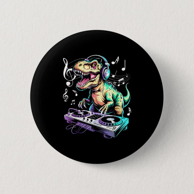 Bóton Redondo 5.08cm A Cute T-rex Playing Electronic Music Funny Dj Din (Frente)