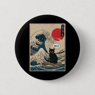 Bóton Redondo 5.08cm A Grande Onda Kanagawa Gato Japonês Divertido de S