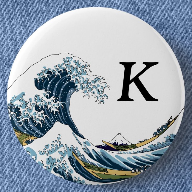 Bóton Redondo 5.08cm A onda Excelente de Kanagawa: Monograma (Personalized Monogrammed Great Wave Off Kanagawa Can Badge- Detail View)