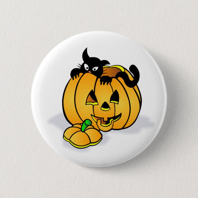 Bóton Redondo 5.08cm Abóbora de Halloween com Gato Negro (Frente)