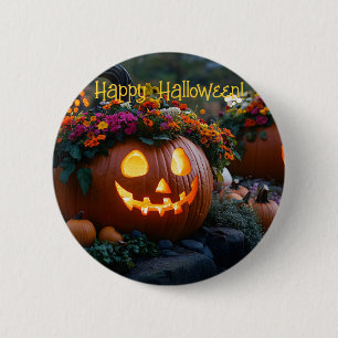 Bóton Redondo 5.08cm Abóboras de Halloween talhadas com flores
