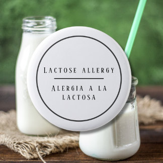 Bóton Redondo 5.08cm Alerta Bilíngue de Alergia a Lactose a Preto e Bra