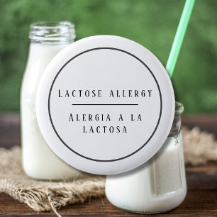 Bóton Redondo 5.08cm Alerta Bilíngue de Alergia a Lactose a Preto e Bra