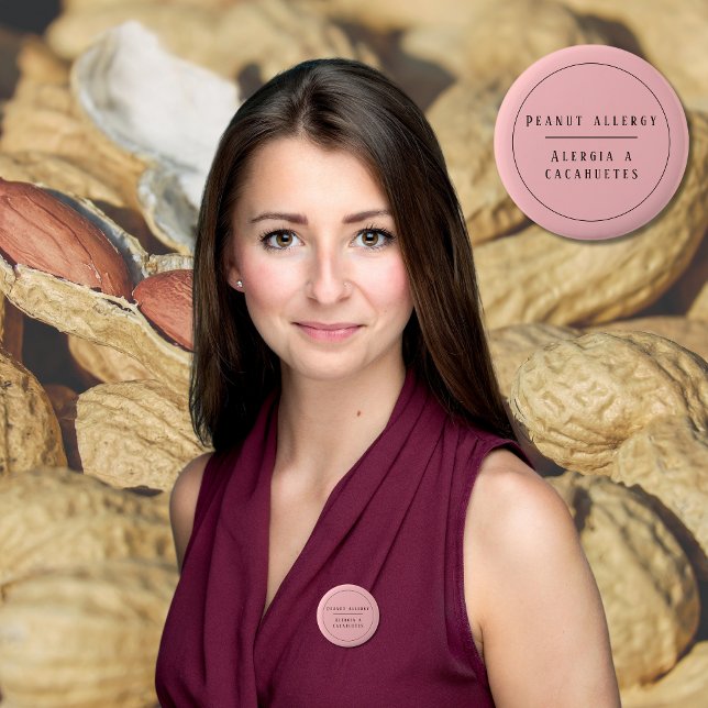 Bóton Redondo 5.08cm Alerta de Alergia Bilíngue a Amendoins Rosa Espanh (Bilingual Spanish alert Peanut allergy, custom text & name. Multilingual project)