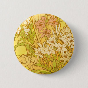 Bóton Redondo 5.08cm Alfonse Mucha Art Nouveau flores de lírio