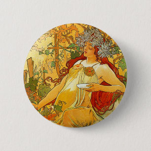 Bóton Redondo 5.08cm Alphonse Mucha Art Nouveau Autumn