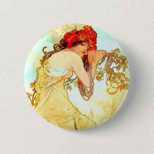 Bóton Redondo 5.08cm Alphonse Mucha Art Nouveau Summer