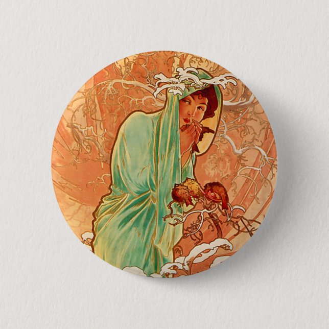 Bóton Redondo 5.08cm Alphonse Mucha Art Nouveau Winter (Frente)