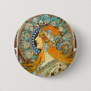 Bóton Redondo 5.08cm Alphonse Mucha Art Nouveau Zodiac
