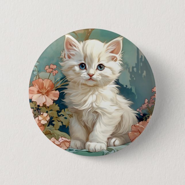 Bóton Redondo 5.08cm Alphonse Mucha Style White Cat (Frente)