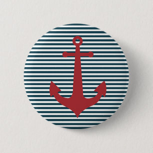 Bóton Redondo 5.08cm Âncora náutica vermelha sobre fundo azul listrado