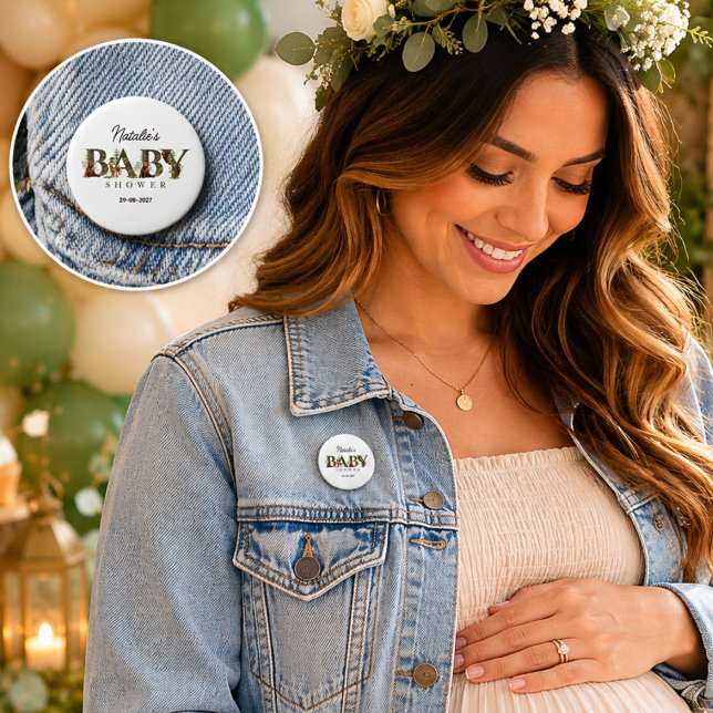 Bóton Redondo 5.08cm Animais da Floresta Chá de Bebê (woodland forest baby shower buttons baby boy gender neutral deer watercolor mother to be greenery)