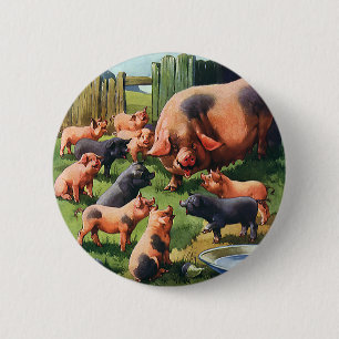 Bóton Redondo 5.08cm Animais de fazenda do vintage, porco com os leitã