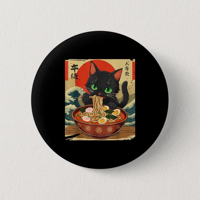 Bóton Redondo 5.08cm Anime Cat Eating Ramen Japanese Art Graphic Cat Cu (Frente)