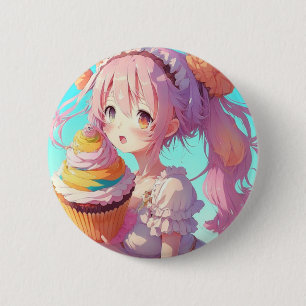 Bóton Redondo 5.08cm Anime Girl com Cupcake Whimsical