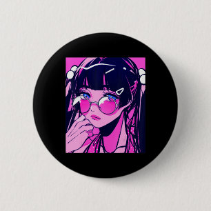 Bóton Redondo 5.08cm Anime Girl Kawaii Waifu - Estética Rosa Japonesa O