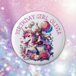 Bóton Redondo 5.08cm Anime Girl no Unicorn Birthday Personalizado<br><div class="desc">Uma garota anime fofa em um unicórnio com arco-íris,  borboletas,  flores e balões no botão da garota de aniversário,  rosa,  azul e roxa. Em roxo,  rosa e azul.</div>