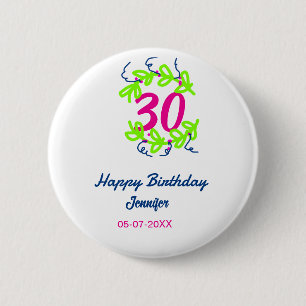 Bóton Redondo 5.08cm aniversário de 30 anos verde azul wreath name date