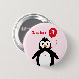 Bóton Redondo 5.08cm aniversário de 3 anos pinguin adicione nome rosa