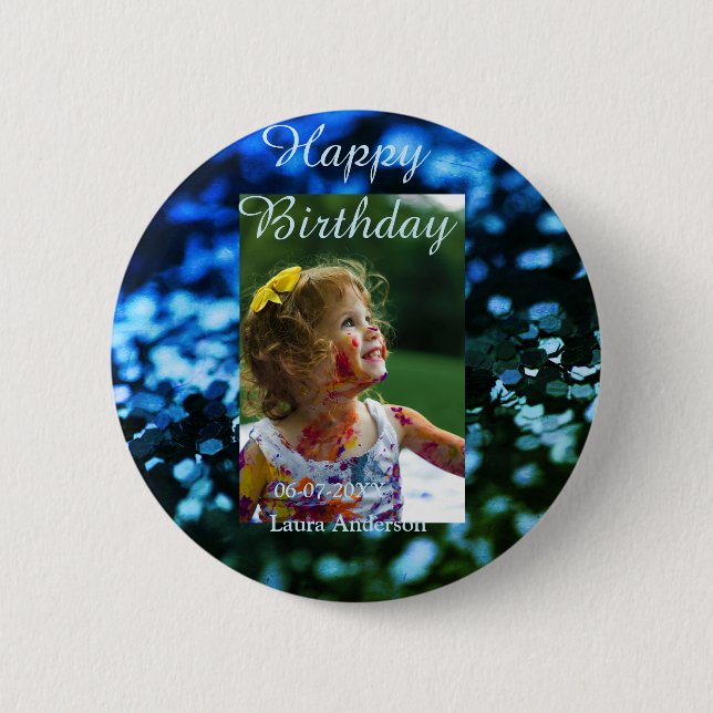 Bóton Redondo 5.08cm Aniversário de criança de fotos azul verde-brilhan (Frente)