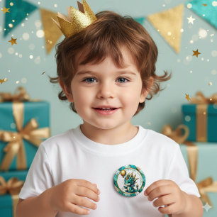 Bóton Redondo 5.08cm Aniversário Garoto Personalizado Teal e Dragão Dou