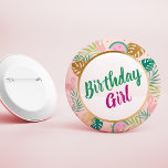 Bóton Redondo 5.08cm Aniversário Tropical Rosa, Verde e Dourada Melanci<br><div class="desc">Tropicais divertidos, brilhantes e coloridos com tema flamingo e botão de festa de aniversário de melancia design. O design de padrão tropical é ousado e moderno com uma paleta colorida de verdes, pinks e realces de folha de ouro falsos. Folhetos tropicais, flamingos estilizados e fatias de fruta de melancia estão...</div>