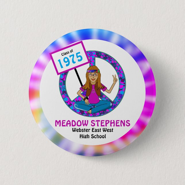 Bóton Redondo 5.08cm Antigo Hippie Hippy Tie Dye Classe de Reunião Nome (Frente)