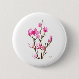 Bóton Redondo 5.08cm Aquarela Magnolia Mãe Floral Rosa Elegante