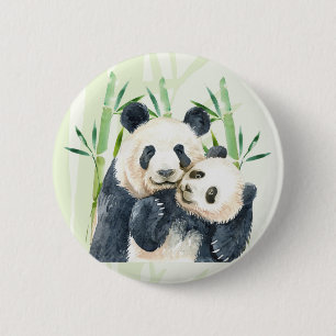 Bóton Redondo 5.08cm Aquarela Panda Ursa Mãe e Bebê em Bambu