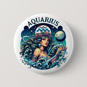 Bóton Redondo 5.08cm Aquário Portador de Água Mulher Bonita Astrologia
